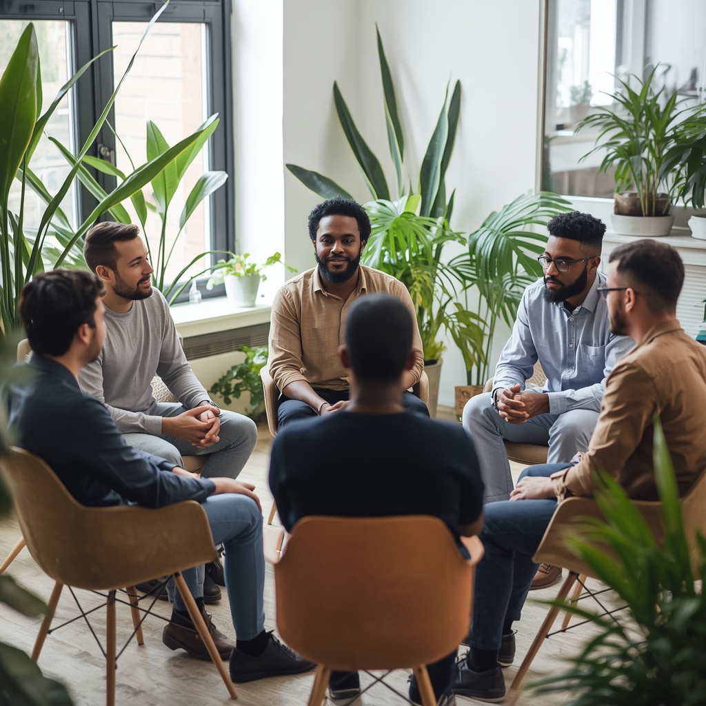 Group therapy session with diverse men sitting in a circle in a bright modern room with plants, supportive environment